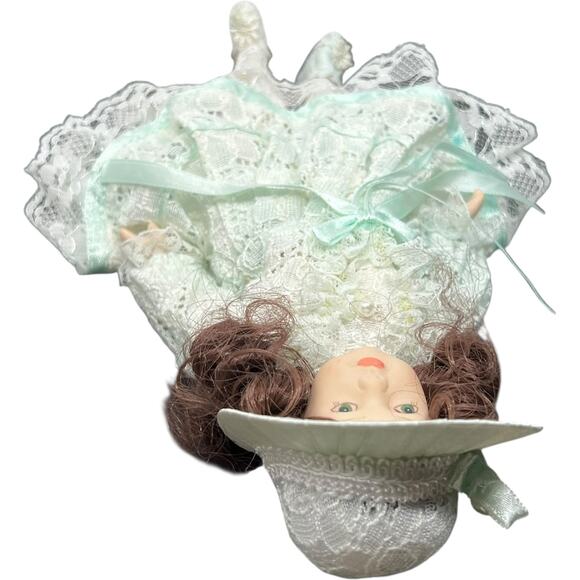 Porcelain Girl Doll in Mint Green Lace Dress with Wide Brim Hat - Picture 4 of 8